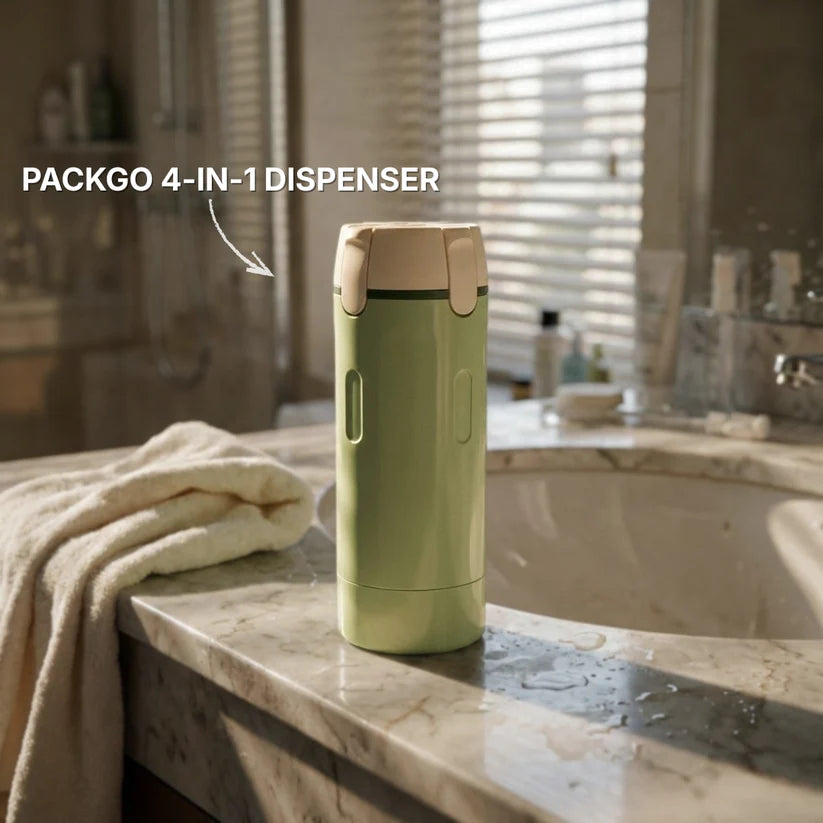 PrimeDad RoamReady Bottles 4-in-1 dispenser with multiple compartments and sleek design, ideal for travel and daily use