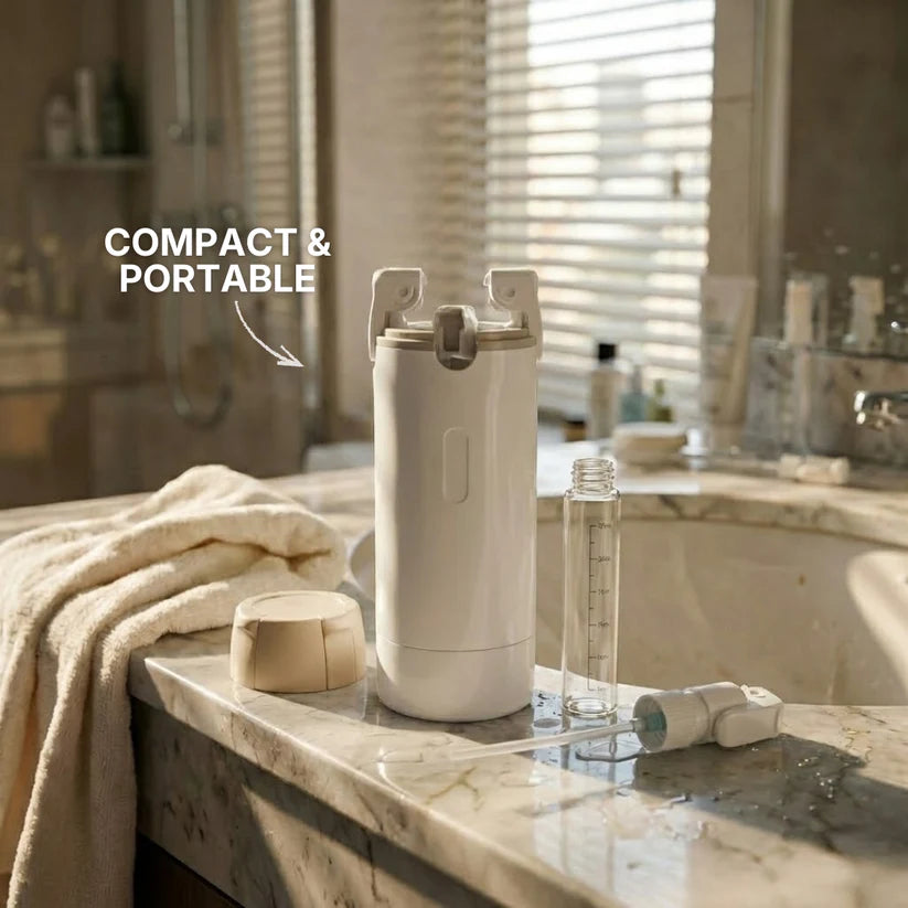 PrimeDad RoamReady Bottles 4-in-1 dispenser with multiple compartments for liquids, snacks, and utensils, shown in a compact, portable design.