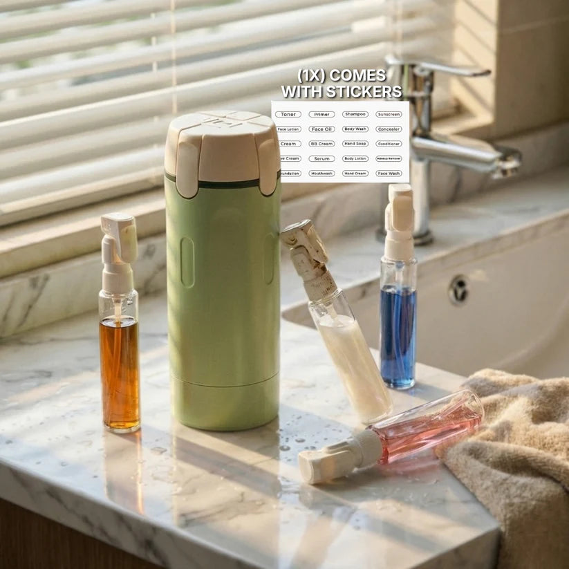 PrimeDad RoamReady Bottles 4-in-1 dispenser with multiple compartments for liquids and snacks, portable travel bottle.
