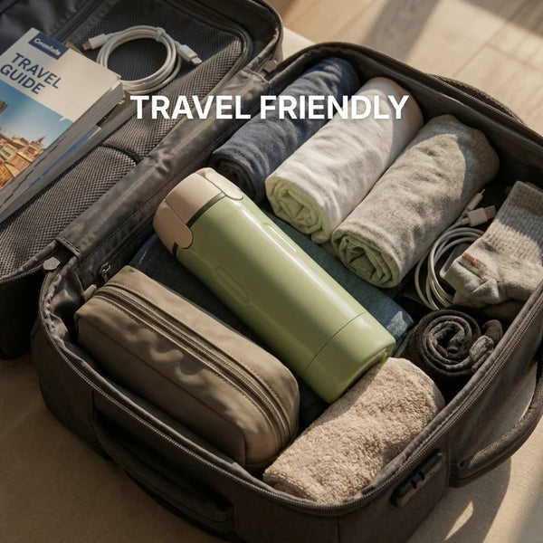 PrimeDad RoamReady Bottles 4-in-1 dispenser with multiple compartments for convenient, portable hydration and snack storage.